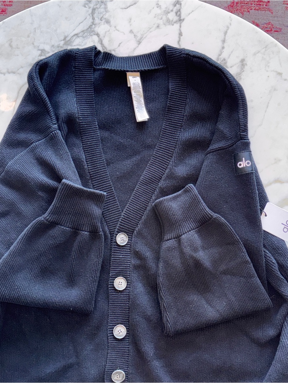 ALO Yoga Black Button-Front Ribbed Cardigan
